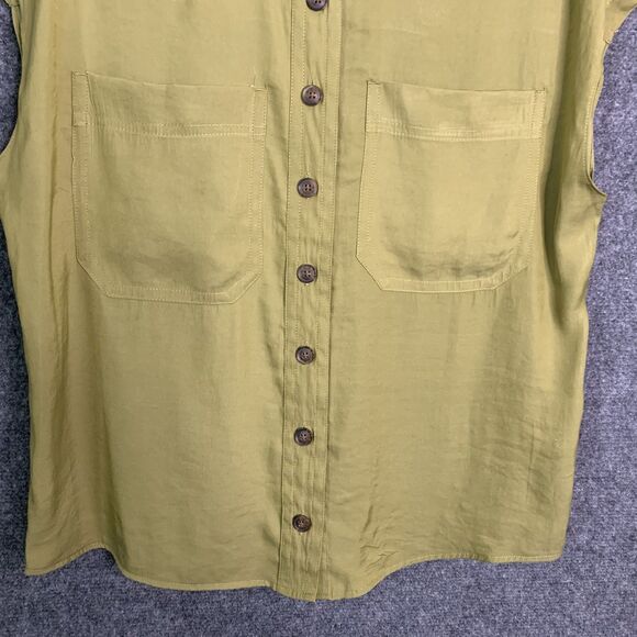 Joie Button Up Blouse Cap Sleeve Olive Band Collar Chest Pockets - Picture 4 of 11